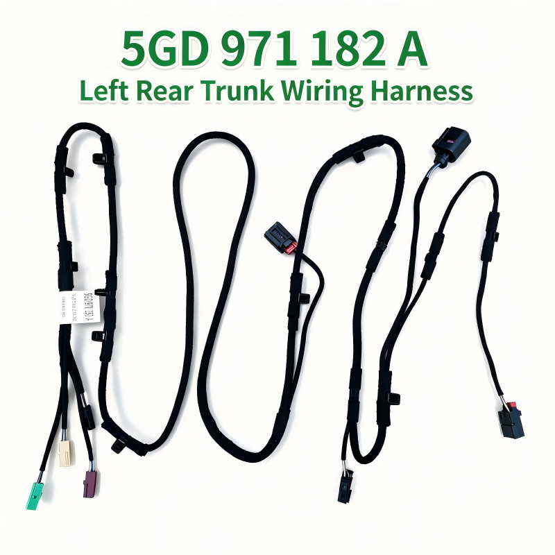 Left rear trunk wiring harness with black wiring and multiple electrical connectors.