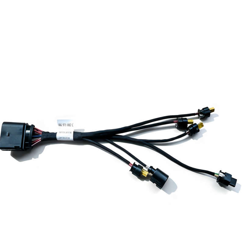 Fuel injector wiring harness cable with black connectors and gold terminals, 4-branch layout