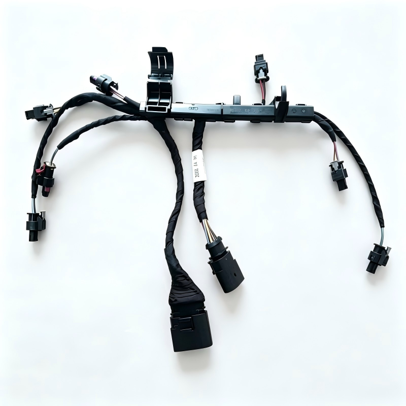 Fuel injector wiring harness with five black connectors and cable, ready for direct fit