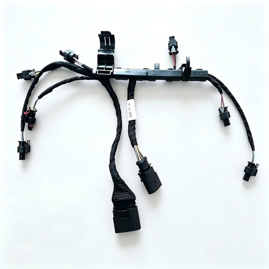 Fuel injector wiring harness with five black connectors and cable, ready for direct fit