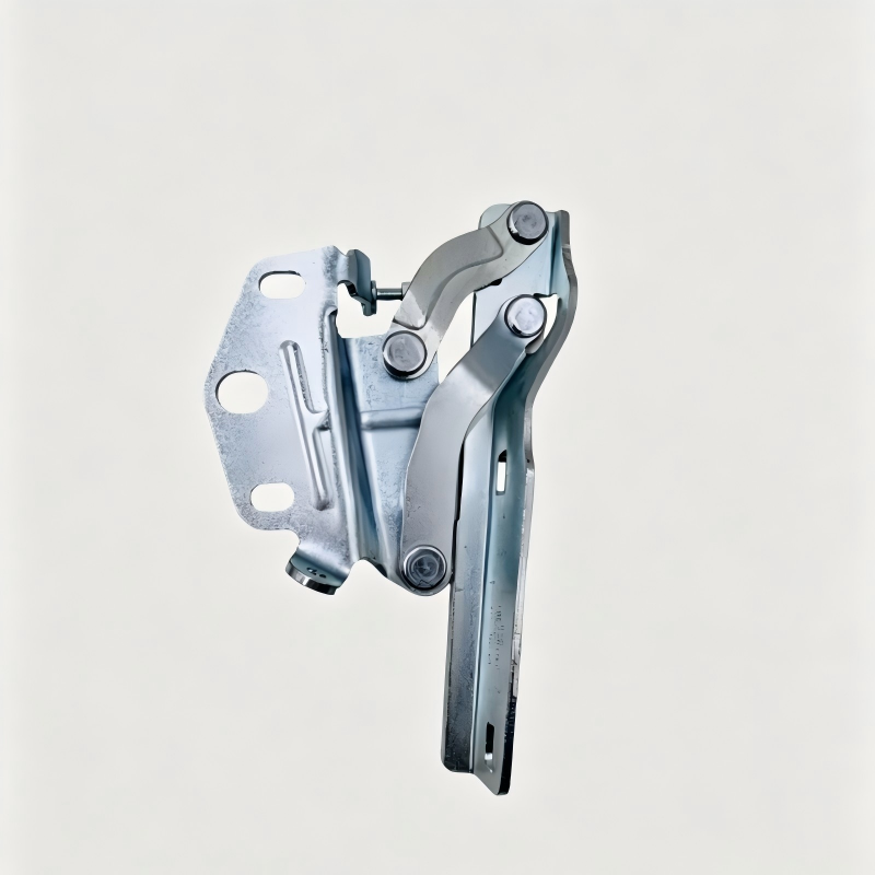 Metal hood hinge bracket (left) with mounting holes and pivot bolts, silver-gray