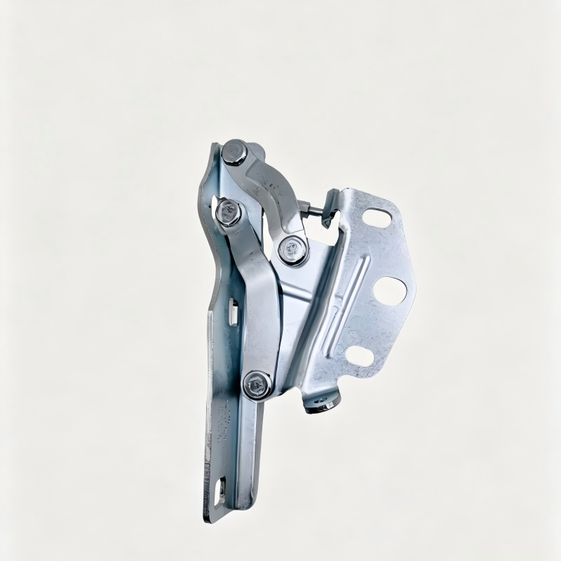 Metal hood hinge bracket (right) with mounting holes and pivot bolts, silver-gray