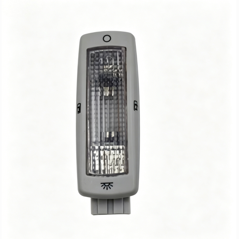 Light gray interior reading lamp, rectangular lens with control icons