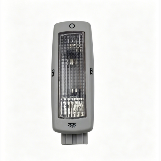 Light gray interior reading lamp, rectangular lens with control icons
