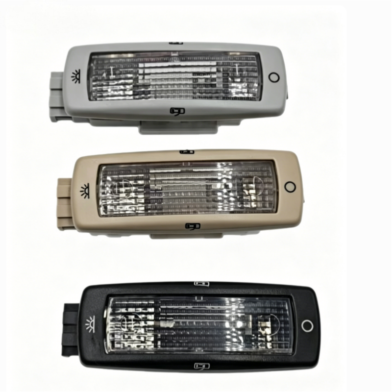 Three interior reading lamps in light gray, beige, and black, rectangular lenses