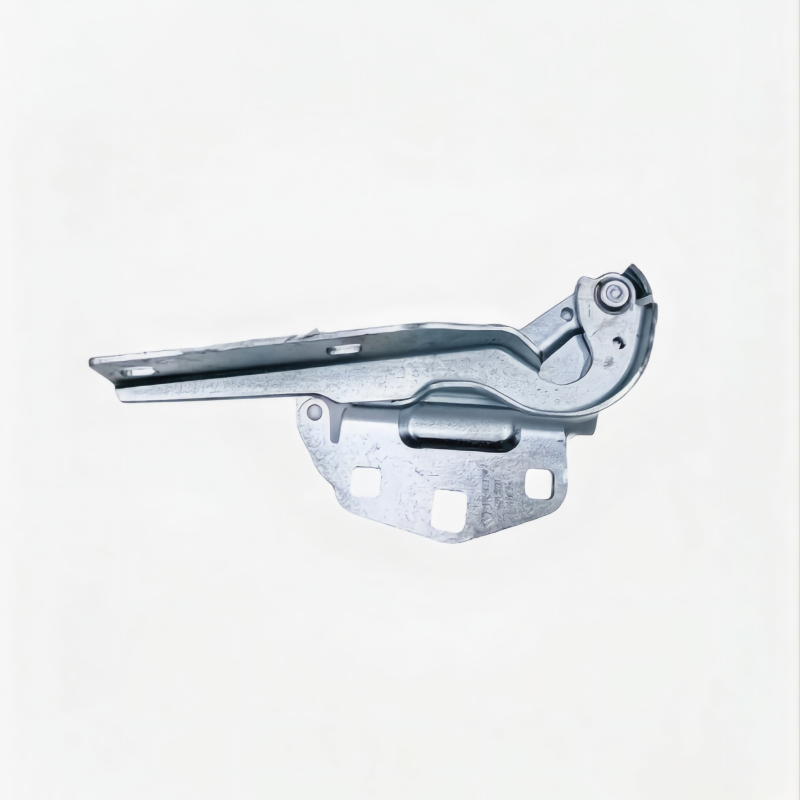 Metal hood hinge assembly with pivot bushing and long lever arm