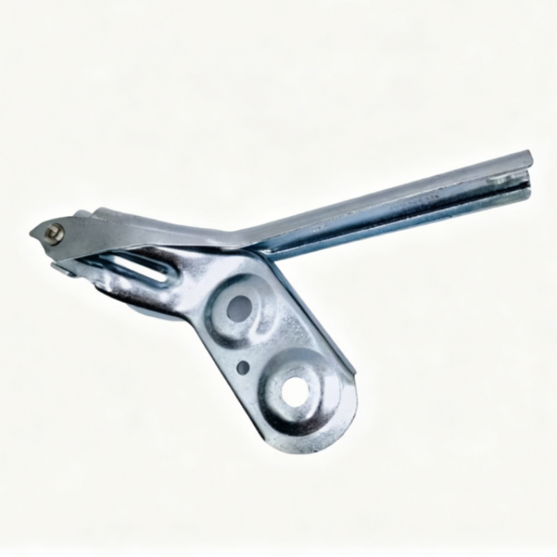 Right hood hinge bracket, silver metal with hinge arm and circular mounting plates