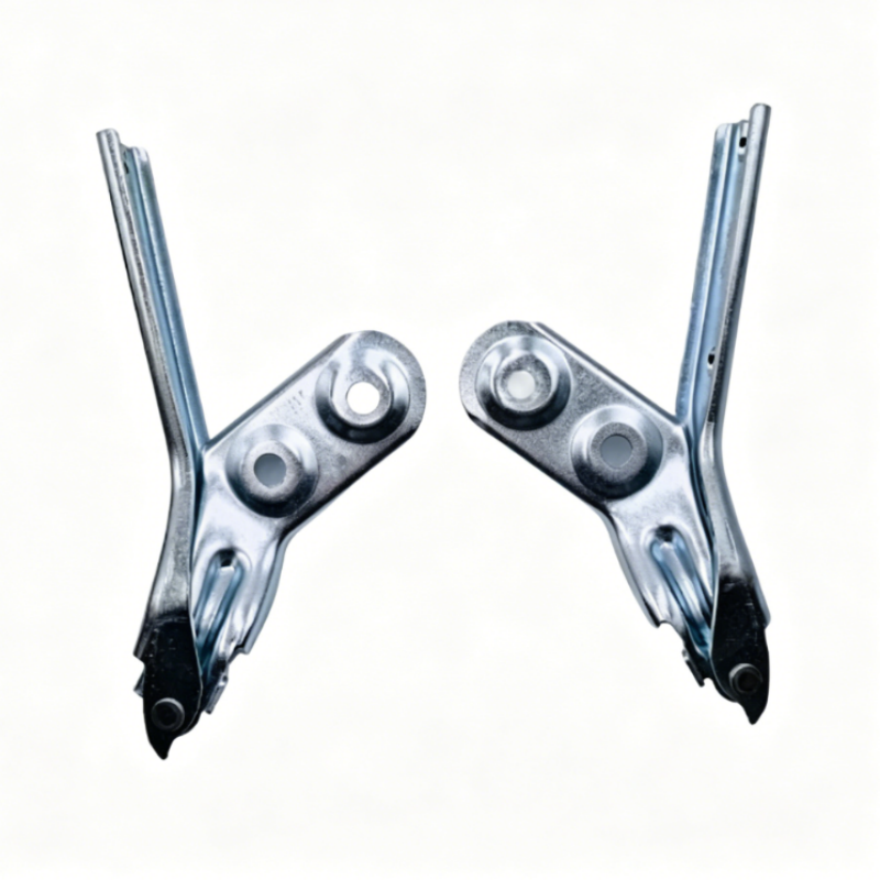 Two hood hinge brackets, silver metal, with vertical arms and black latch tabs
