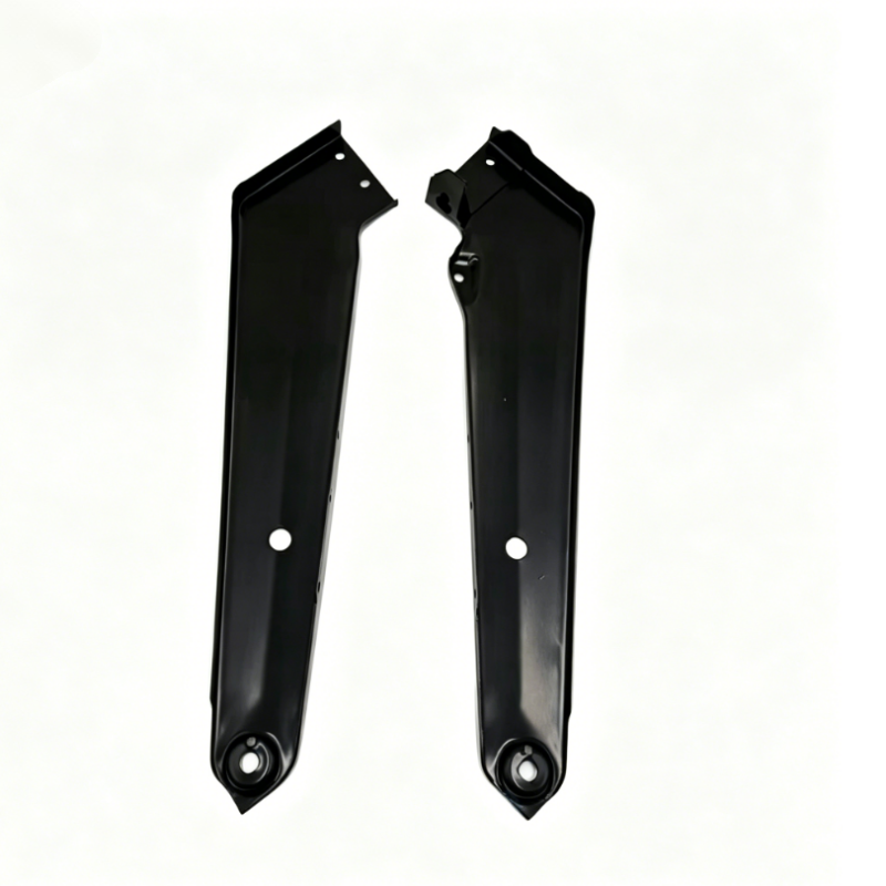 Left and right headlight mounting brackets, black metal with mounting holes