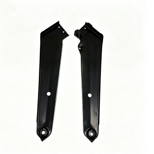 Left and right headlight mounting brackets, black metal with mounting holes