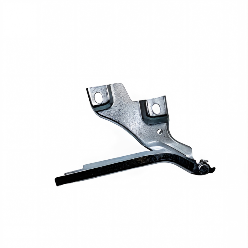 Hood hinge bracket with mounting holes and black pivot bushing