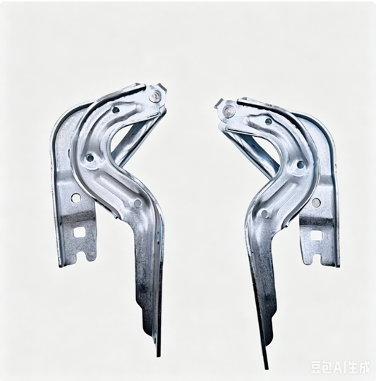 Steel hood hinge bracket set, two curved pieces with tabs and vertical mounting legs