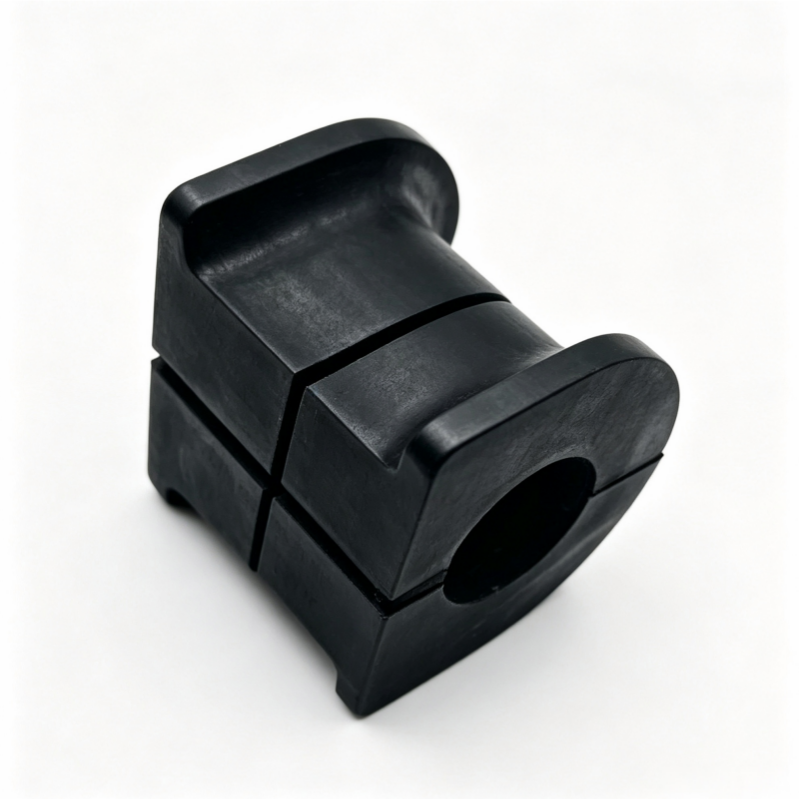 Stabilizer bar bushing, black rubber, side view with circular mounting hole