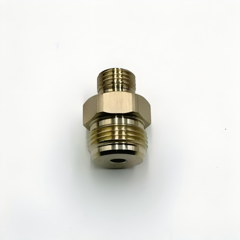Brass fuel pump connector fitting, front view with threaded sections and round inlet