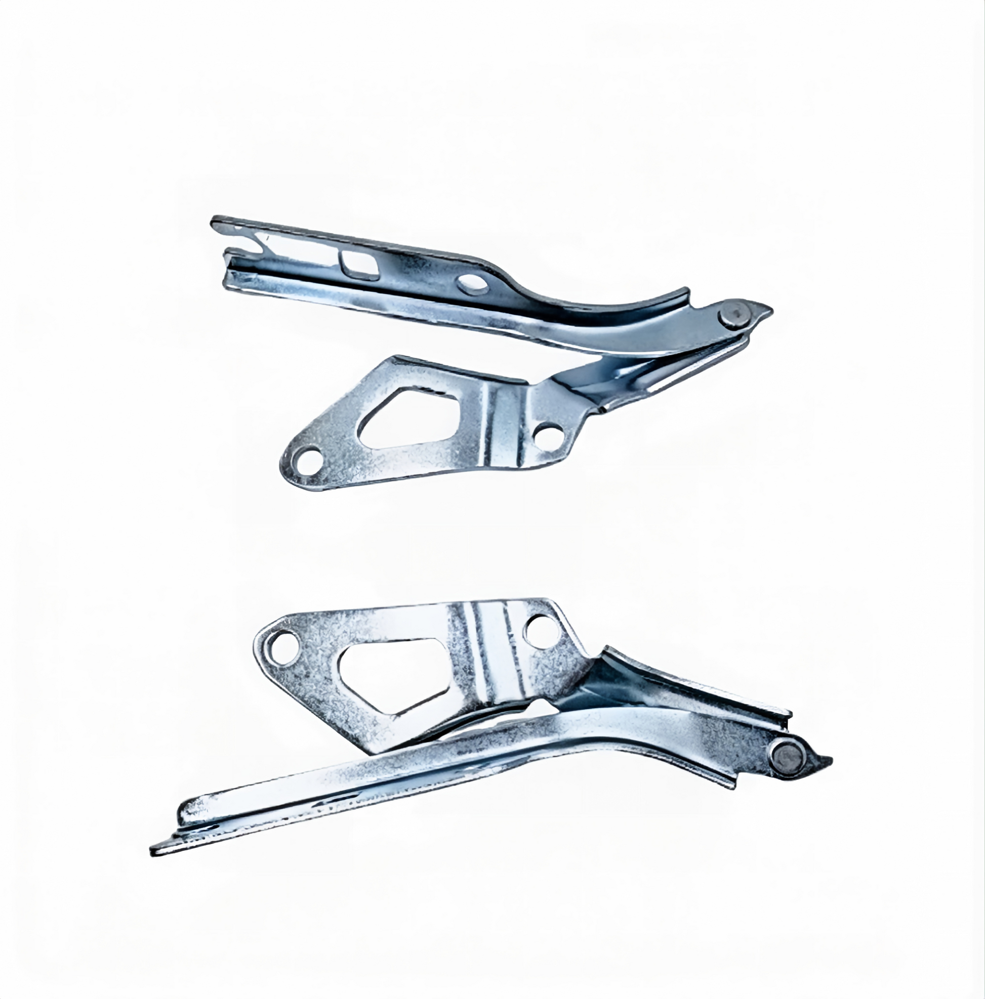 Two hood hinge brackets, chrome finish with black mounting sections