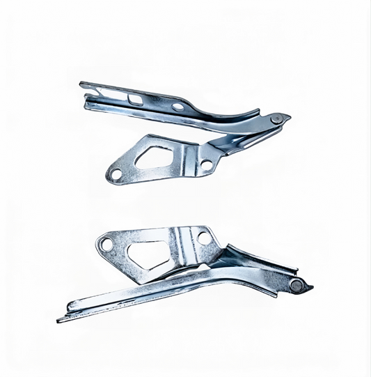 Two hood hinge brackets, chrome finish with black mounting sections