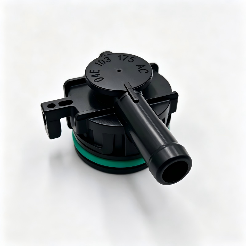 Crankcase ventilation valve, black with green sealing ring and side-mounted pipe outlet