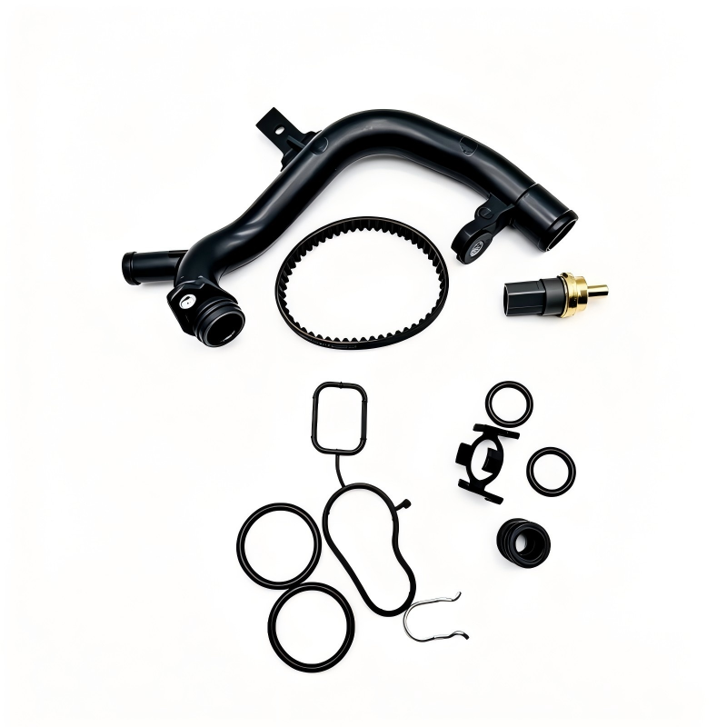 Water pump repair kit parts: black hoses, seal, O-rings, and hose connector.