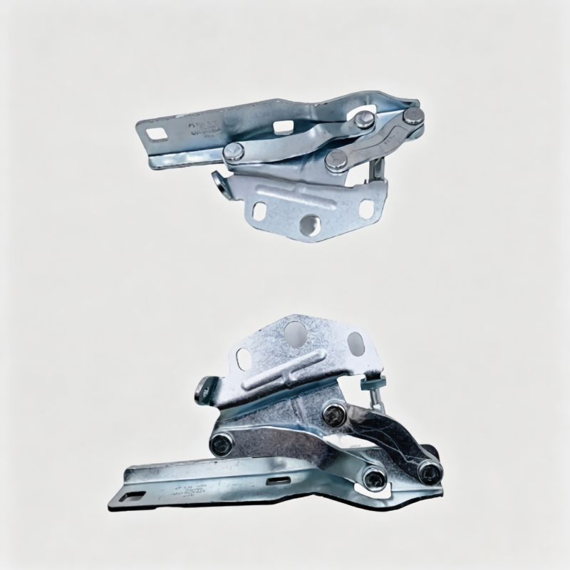 Two metal hood hinge brackets, pivoted arms with mounting holes, silver-gray