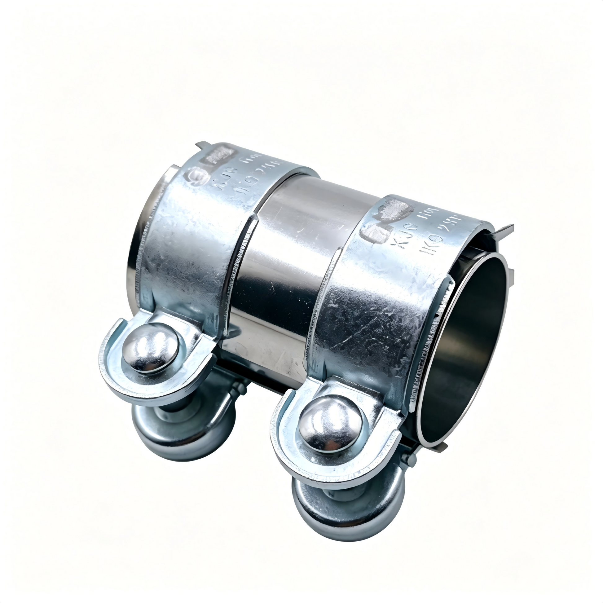 Exhaust pipe connector clamp, silver metal band with two bolts and side mounting