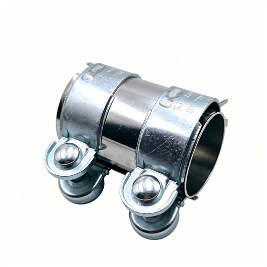 Exhaust pipe connector clamp, silver metal band with two bolts and side mounting