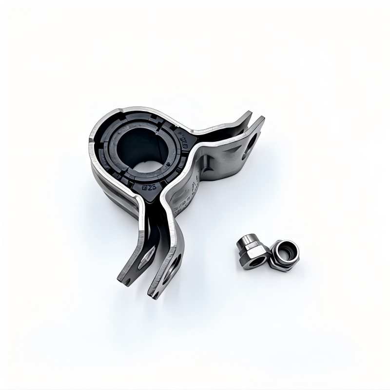 Front stabilizer bar bushing bracket with black bushing and mounting hardware