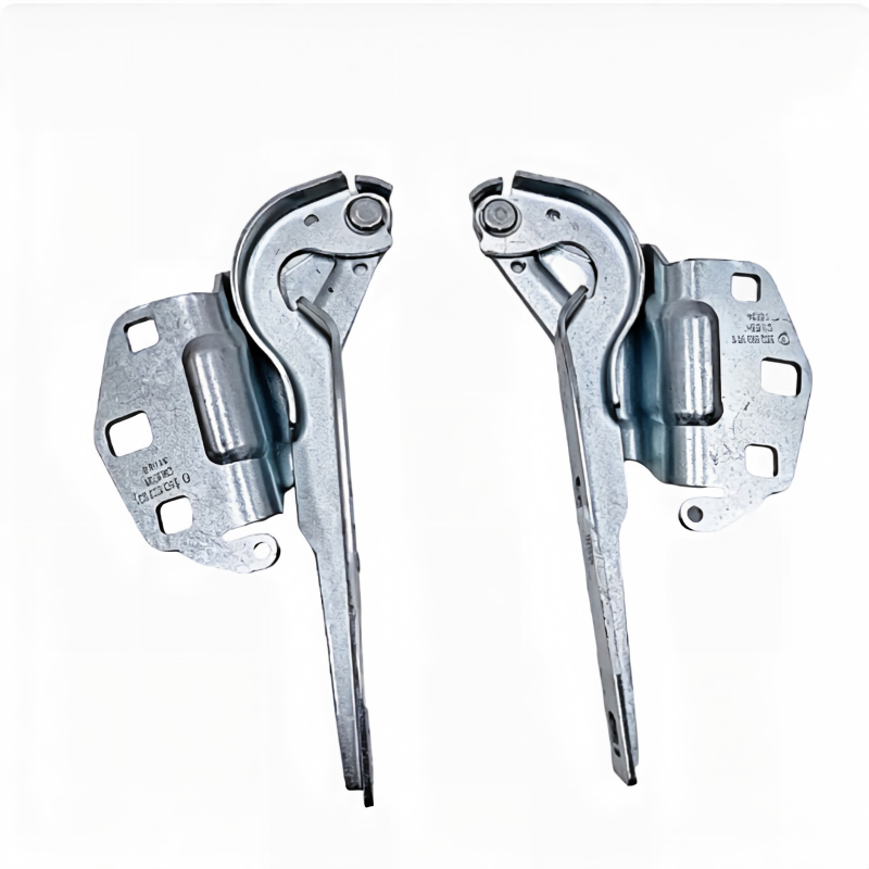 Hood hinge left and right pair with curved arms and circular pivot mounts