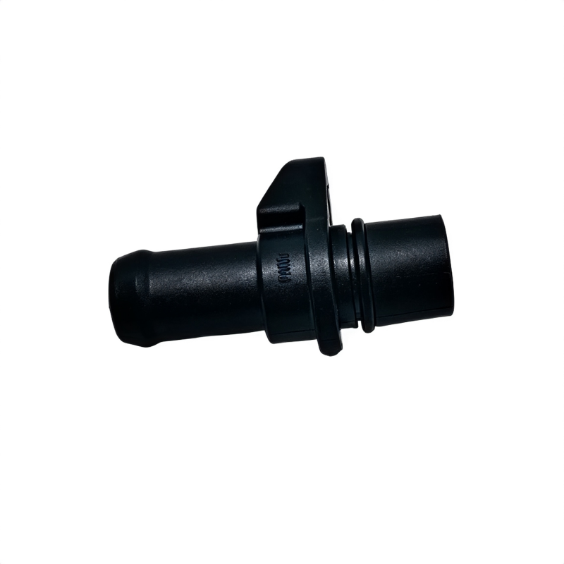 Black vacuum pump seal fitting with barbed connector end and cylindrical body