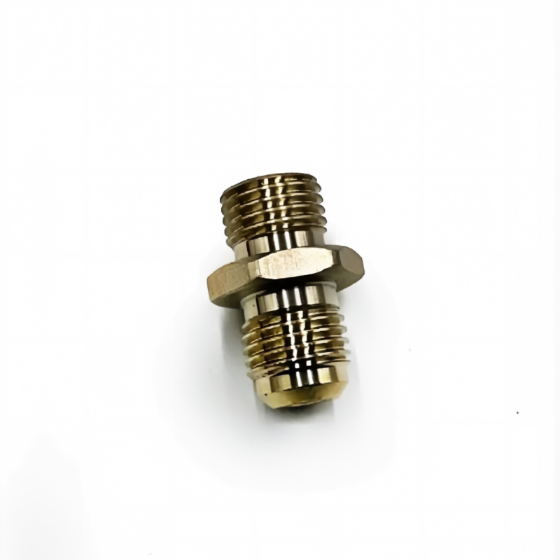 Brass fuel pump connector fitting, angled view with hex nut edges and threaded threads