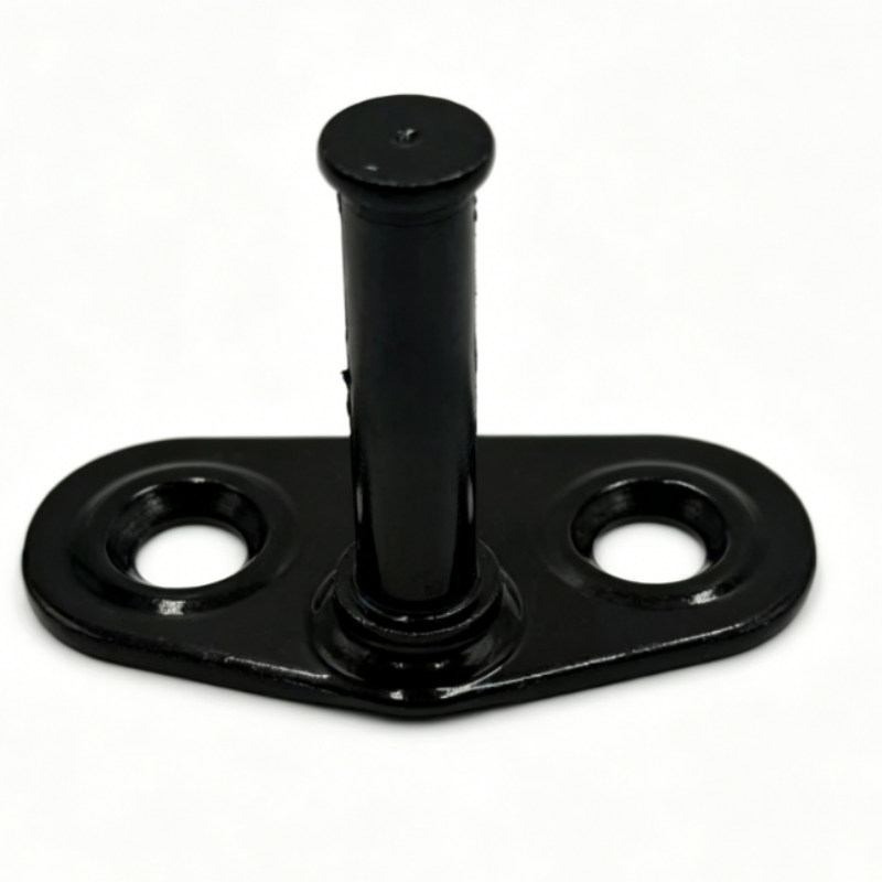 Black tailgate lock striker pin bracket with two circular mounting holes
