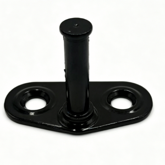 Black tailgate lock striker pin bracket with two circular mounting holes