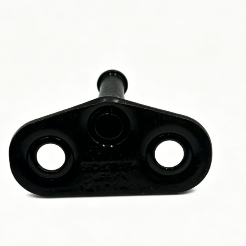 Black tailgate lock striker bracket plate with two round holes and center stud