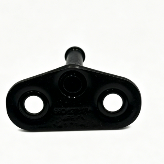 Black tailgate lock striker bracket plate with two round holes and center stud