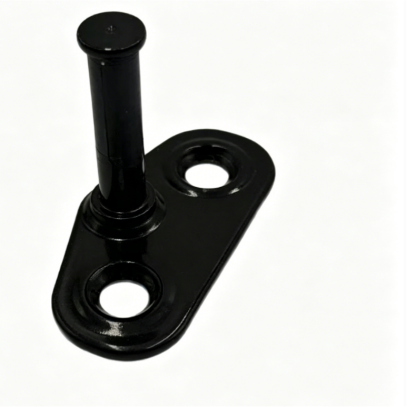 Black tailgate lock striker bracket with upright pin and two circular openings