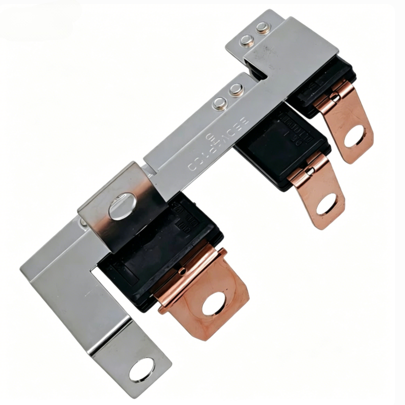 Multi fuse strip angled view, gray metal rail with black holders and copper contacts