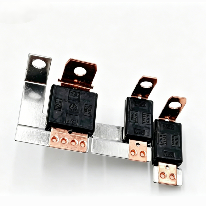 Multi fuse strip with black fuse holders and copper terminals on metal rail