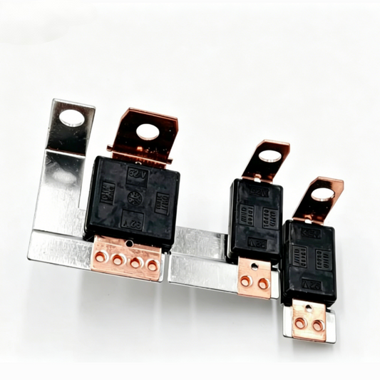 Multi fuse strip with black fuse holders and copper terminals on metal rail