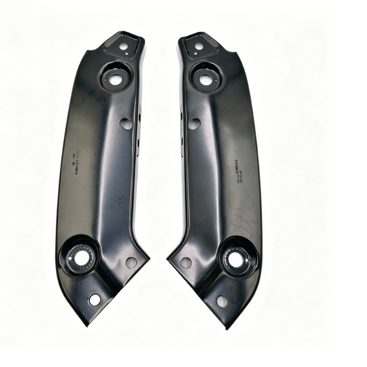 Headlight mounting bracket pair, black metal with circular mounting holes