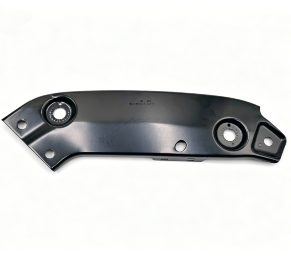 Headlight mounting bracket, black metal with side tabs and circular mount holes
