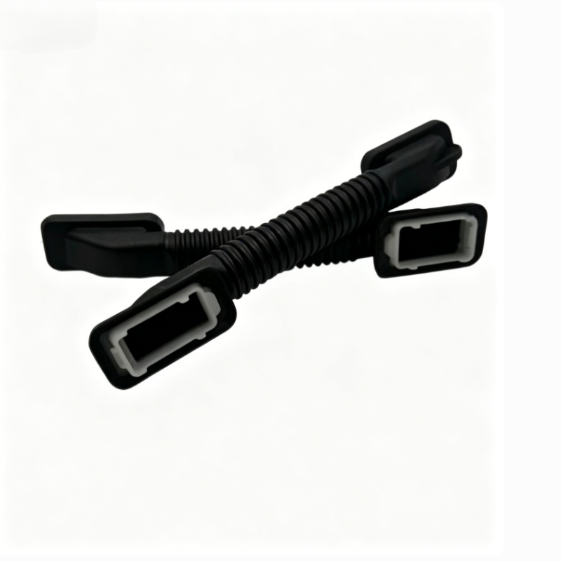 Tailgate wiring harness sleeve with corrugated black conduit and two rectangular end caps