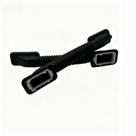 Tailgate wiring harness sleeve with corrugated black conduit and two rectangular end caps