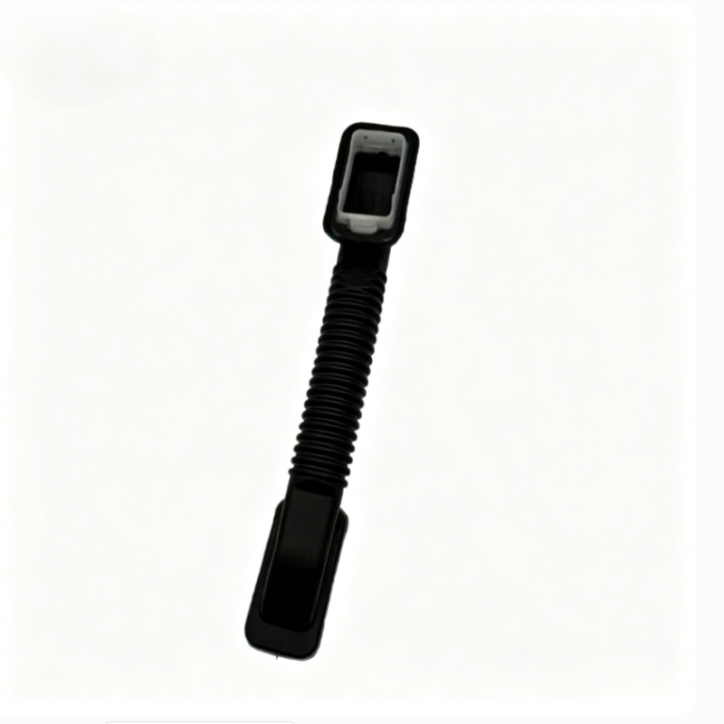 Black corrugated wiring harness sleeve with vertical end plug and protective cap