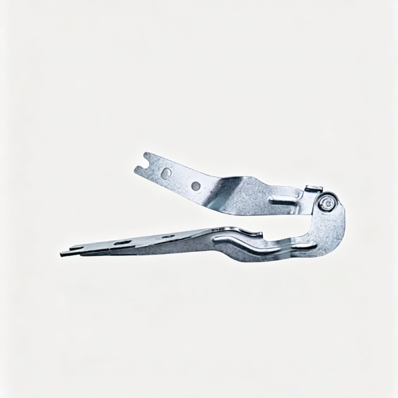 Silver metal hood hinge bracket with pivot bolt, linkage arm, and mounting holes