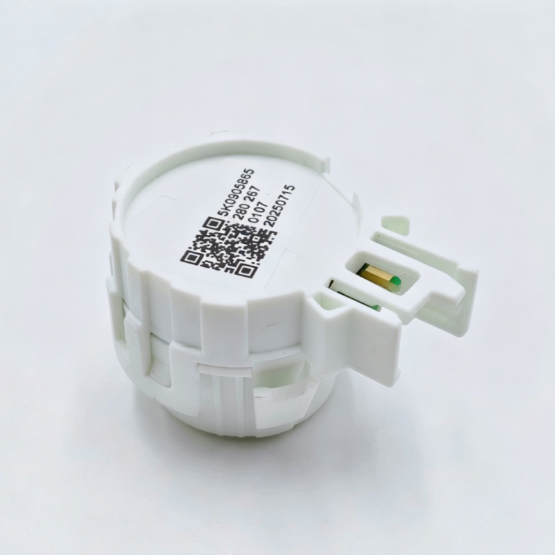 White plastic ignition switch electrical connector with side tab and QR label