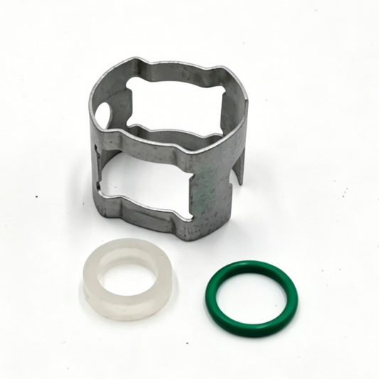 Transmission oil line clip repair kit: dark metal clip with white sleeve and green seal ring