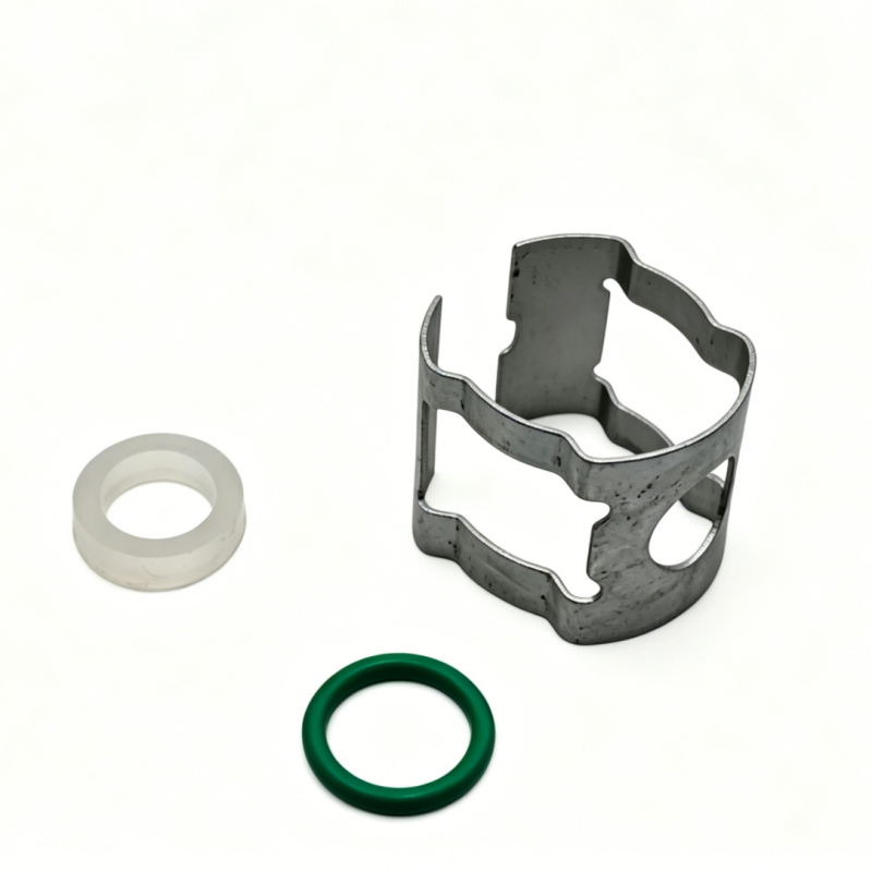 Transmission oil line clip repair kit: metal clip with white sleeve and green O-ring