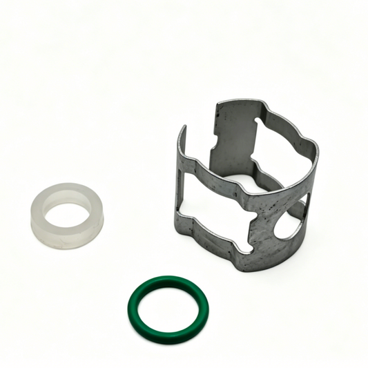 Transmission oil line clip repair kit: metal clip with white sleeve and green O-ring