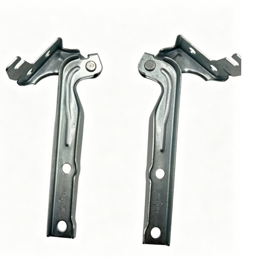 Pair of metal hood hinges with mounting brackets and bolt holes, left and right