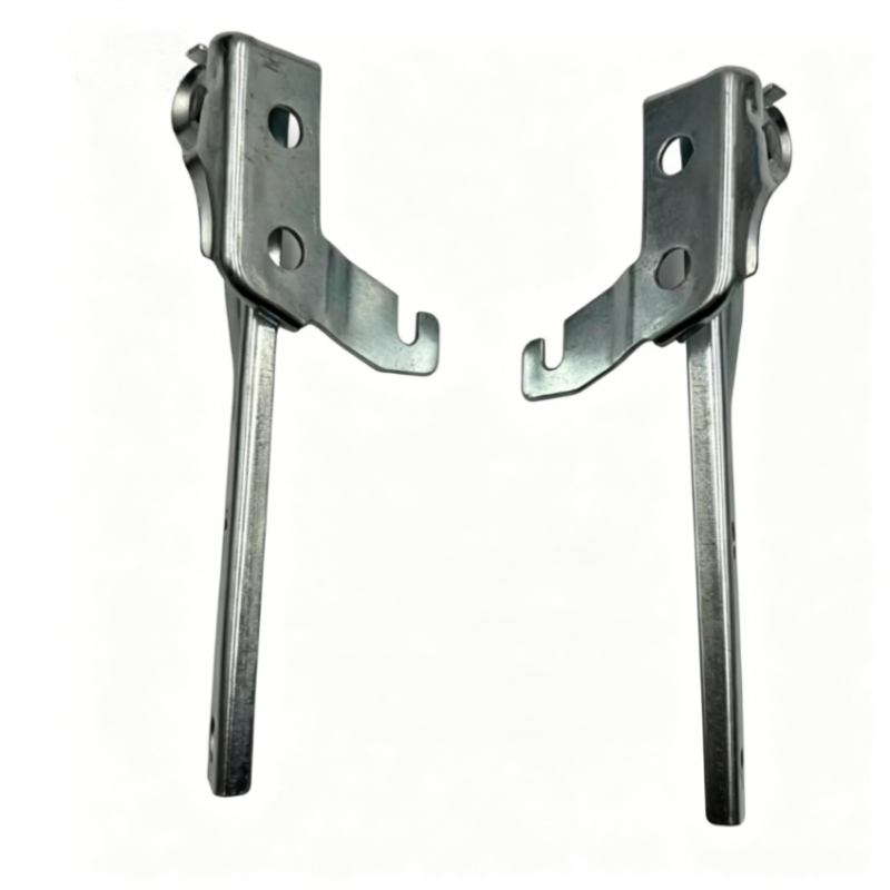 Left and right metal hood hinges with curved mounting straps and long arms