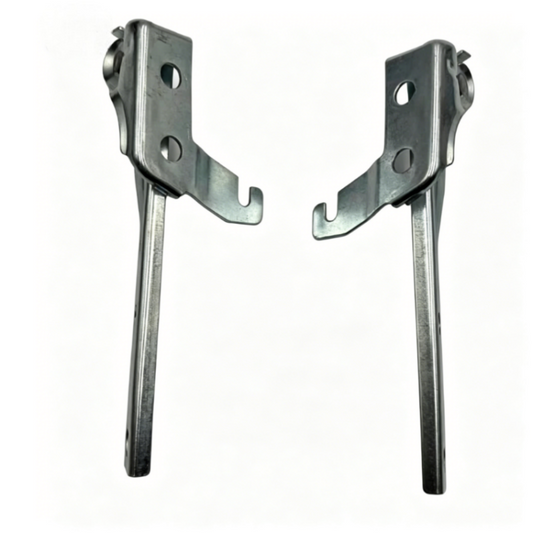 Left and right metal hood hinges with curved mounting straps and long arms